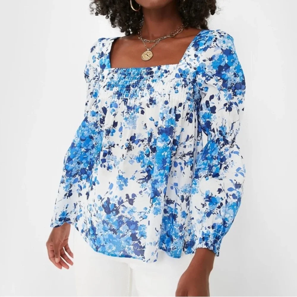 Tuckernuck Blue and White Floral Smocked Square-Neck Blouse